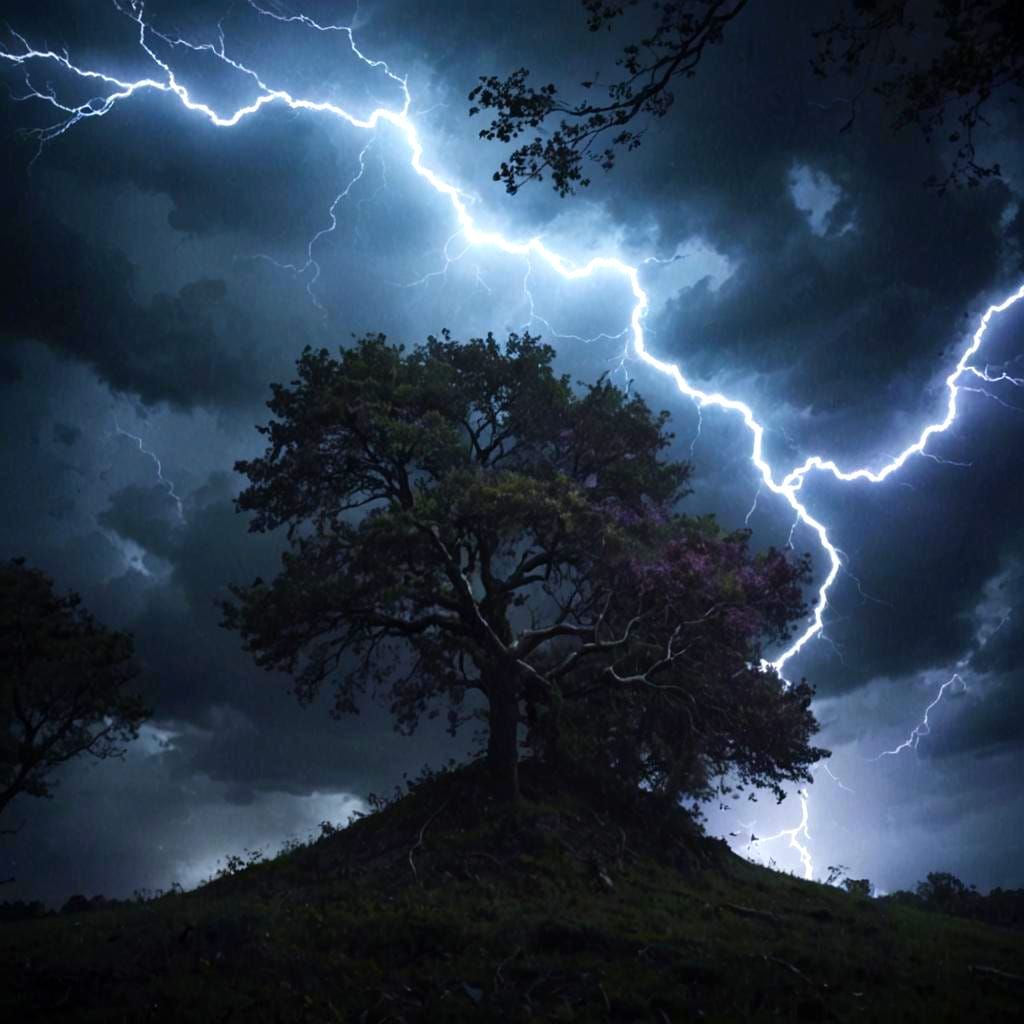 A stormy scene with trees bending in the wind and leaves swirling through the air