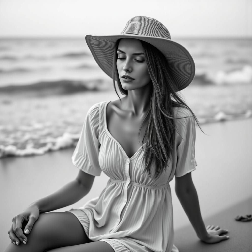 Serene Woman in a Black and White Beach Scene
