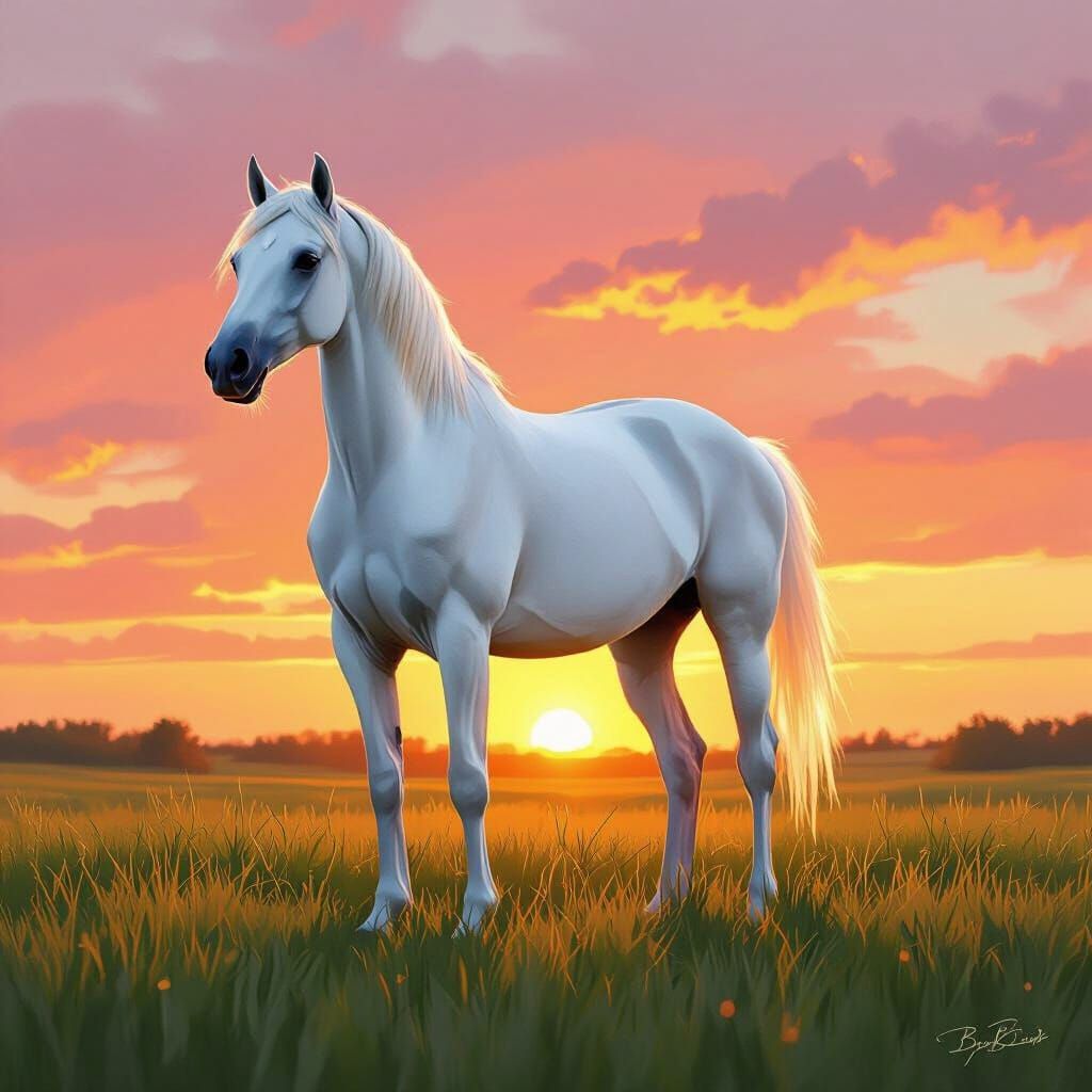 Horse in Meadow at Sunset in Landscape Style