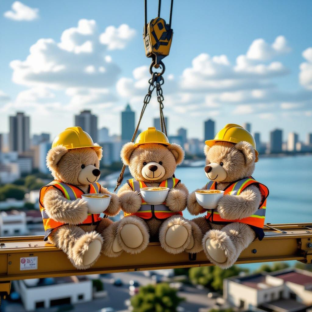 Teddy Bears as Construction Workers Eating Breakfast on Cran...