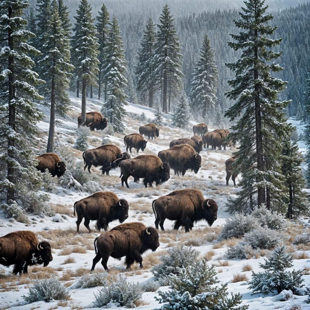 Majestic Bison Herd in Snowy Landscape