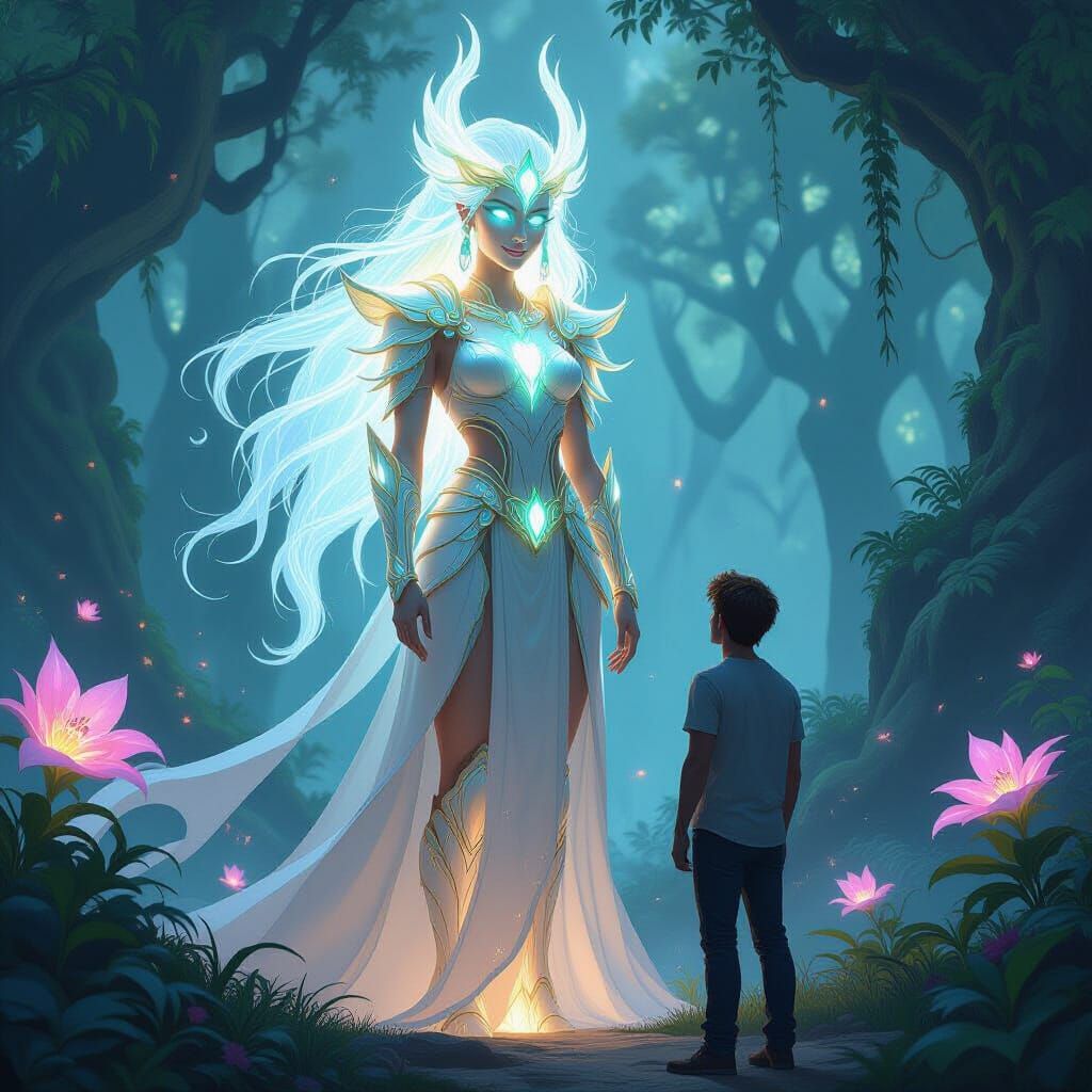 Bioluminescent Goddess and Man in Mystical Forest