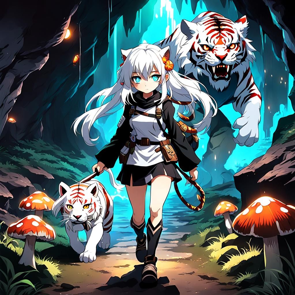 Anime Warrior Girl and Tiger in Cavern