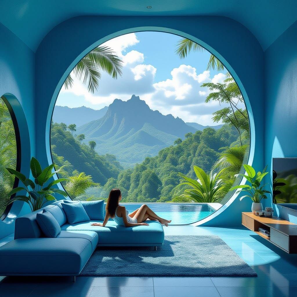 Modern Villa in Rainforest with Blue Accents