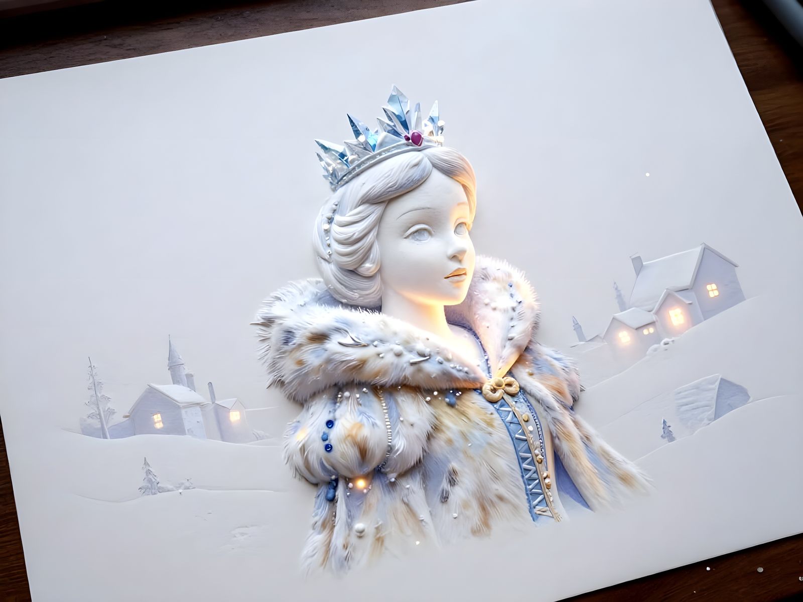 Snow Queen in Fur Coat with Ice Crown and Neon Glow