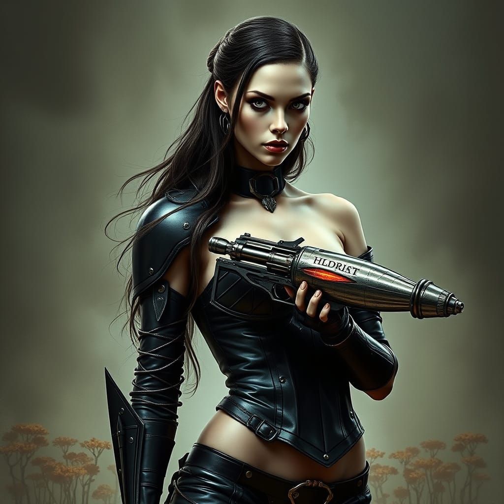 Woman Warrior with Alien Weapon in Gothic Biomechanical Styl...