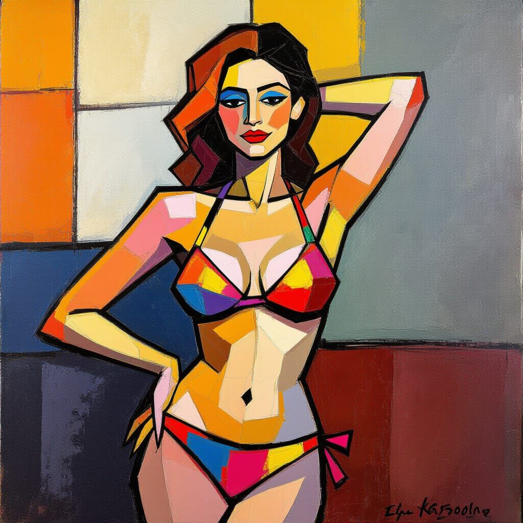 Young Woman in Bikini as Impasto Painting
