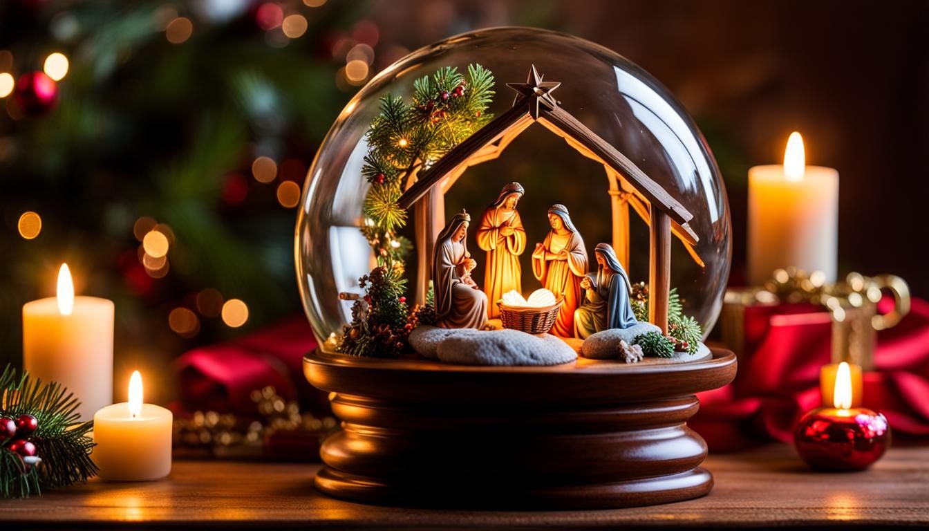 Miniature Nativity Scene in Glass Globe at Sunset