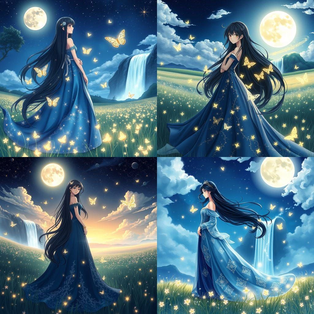 Anime Princess in Starry Meadow with Glowing Butterflies and...