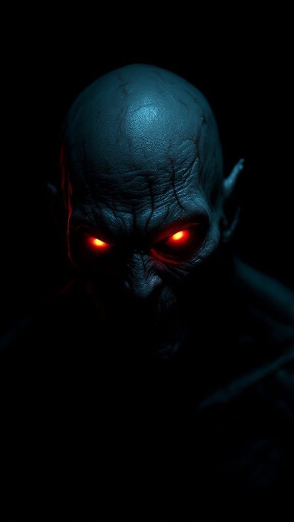 Dark Figure Lurks in Shadows with Glowing Red Eyes