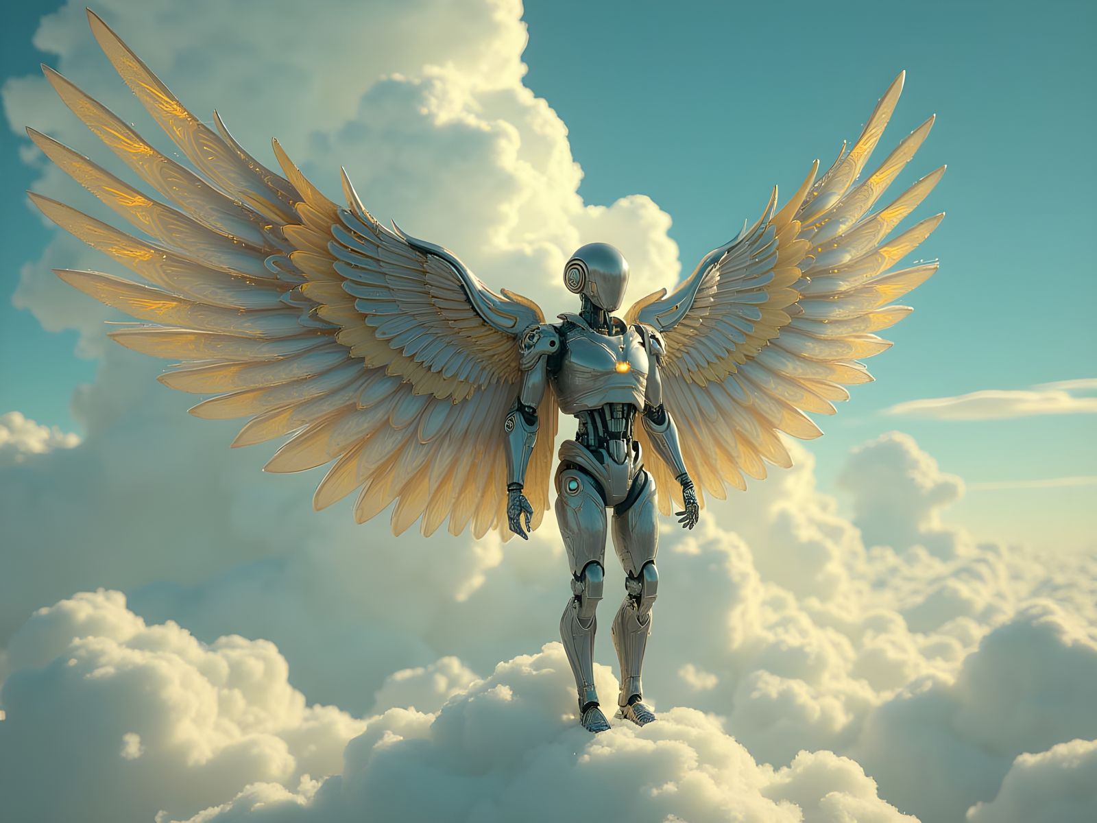 Biomechanical Angelic Robot in Ethereal Sky, UHD Drawing