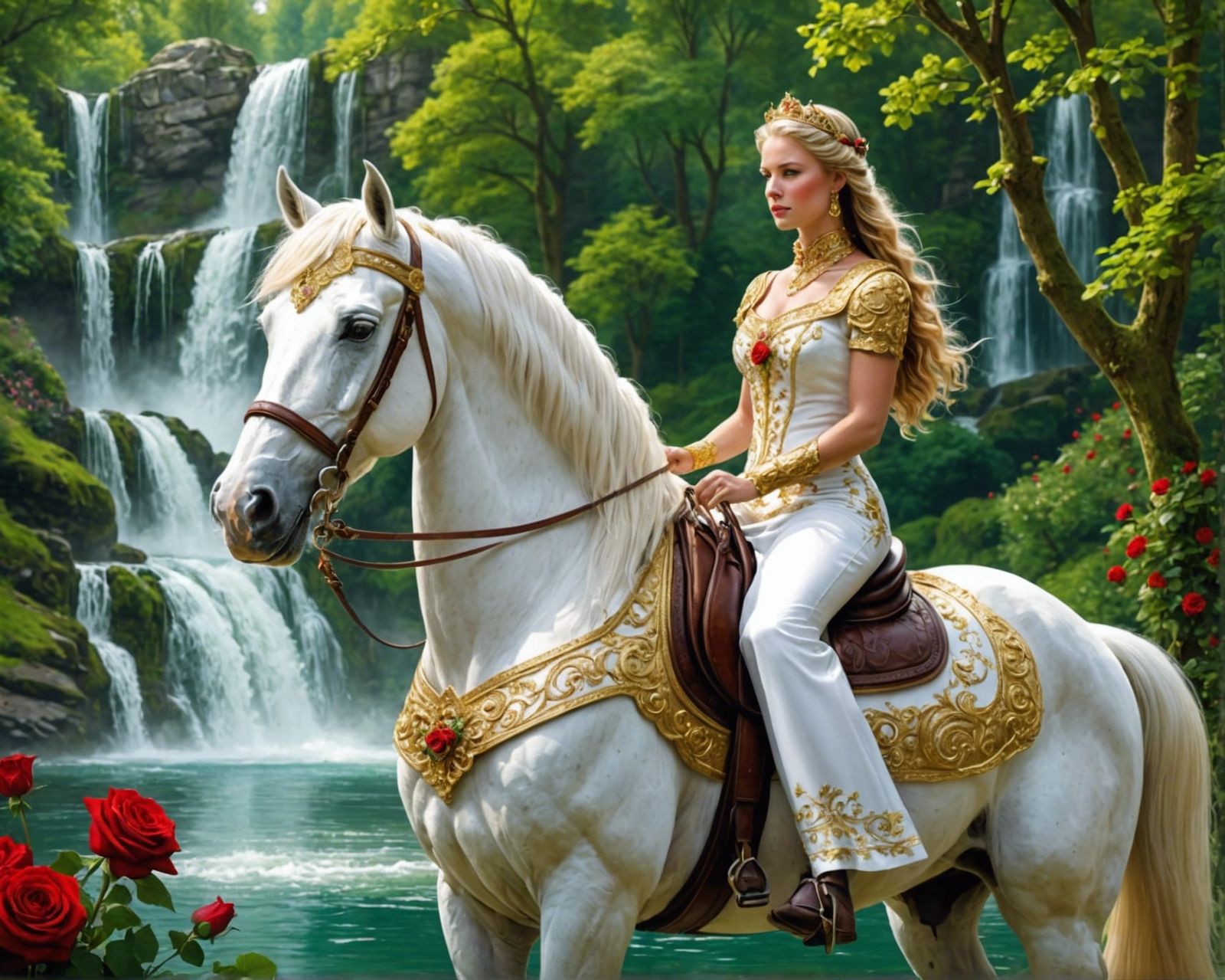 Princess on White Stallion in Lush Forest