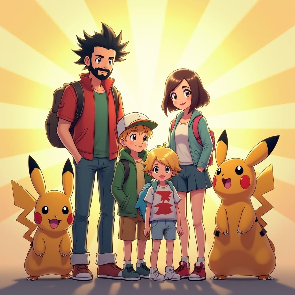 Vibrant Family of Pokémon Trainers in 3D Digital Art Style