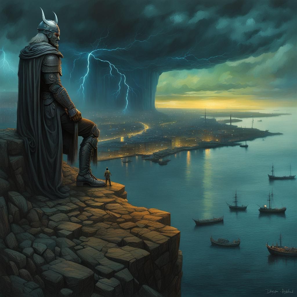 Android Chieftain Overlooks Viking Harbour in Apocalyptic Tw...
