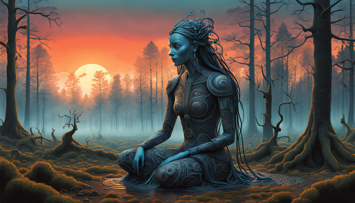 Regal Woman in Mystical Forest, Bio Art Collage