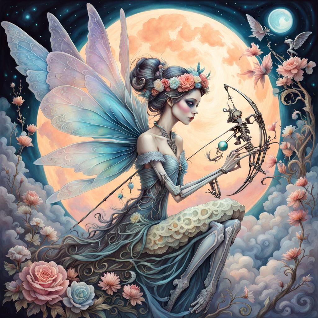 Detailed Skeleton Fairy and Moon in Fantasy Watercolor Style