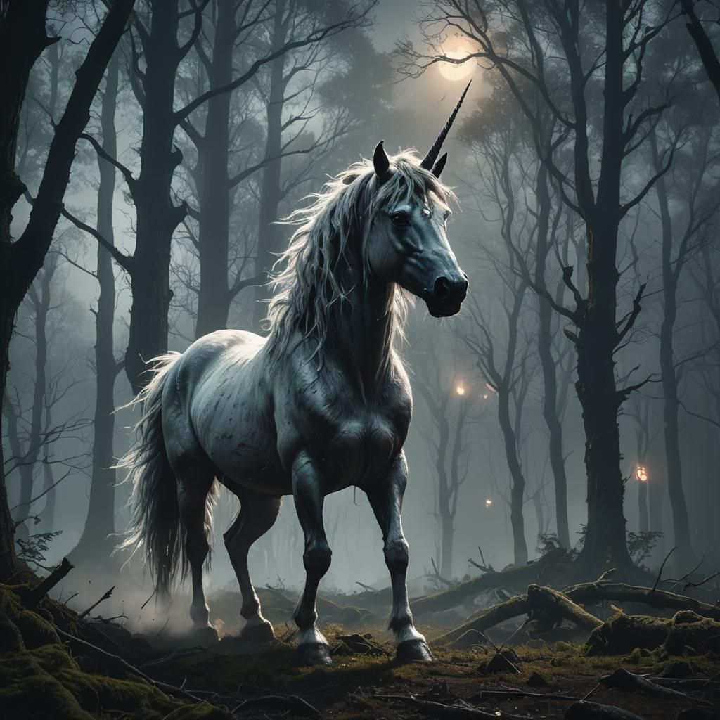 Spooky Unicorn in Dark Forest: Digital Matte Painting