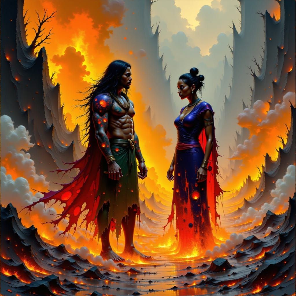 Maui and Pele in Volcanic Landscape Art