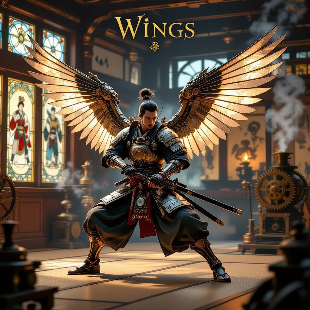 Steampunk Samurai with Clockwork Wings in Dojo
