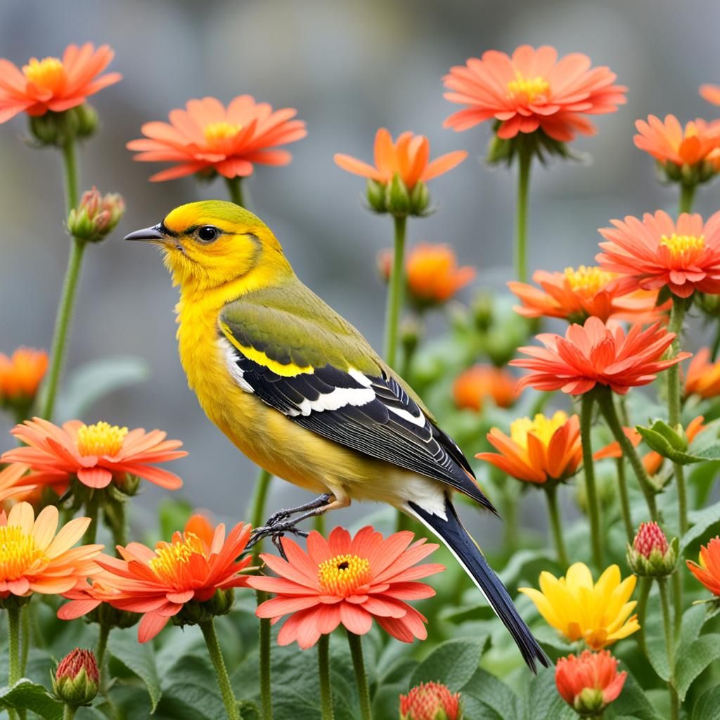 Elegant Goldfinch Standing Among Flowers