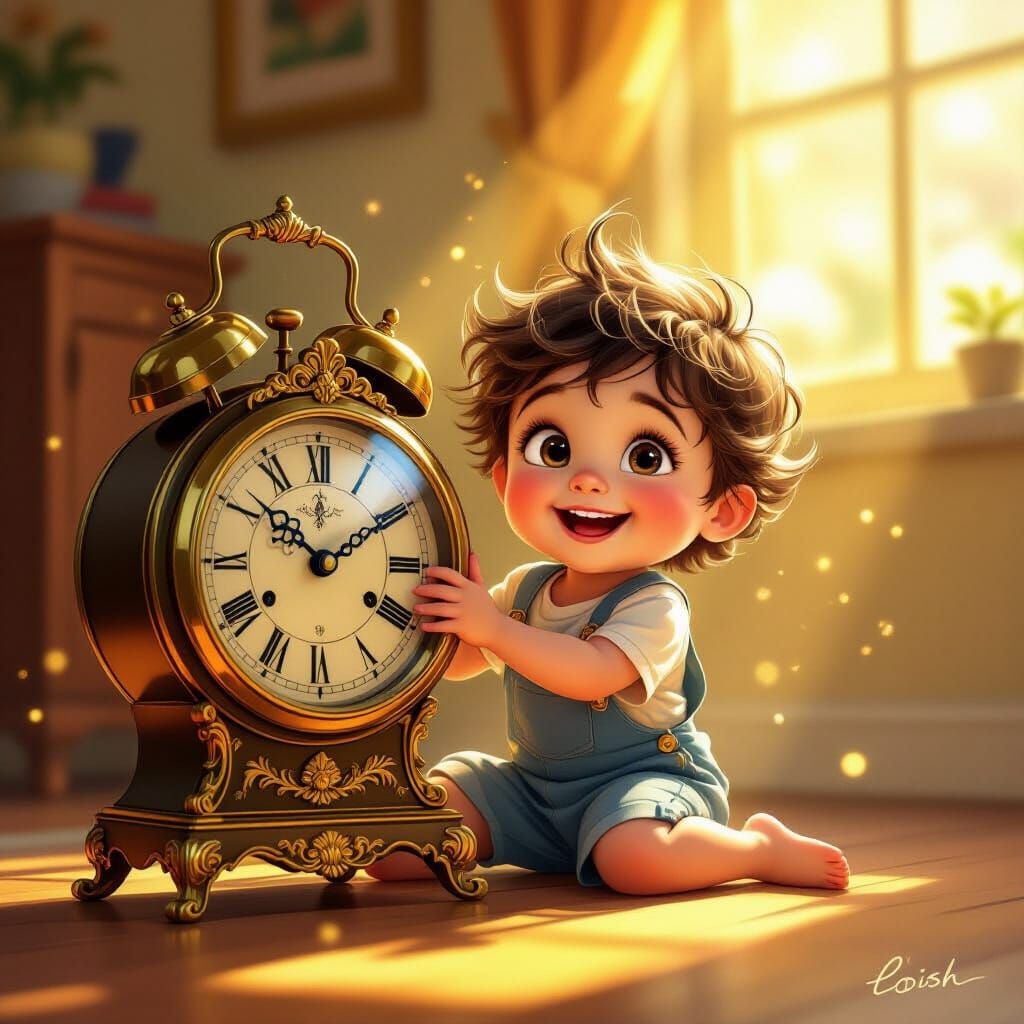 Happy Child with Grandfather Clock