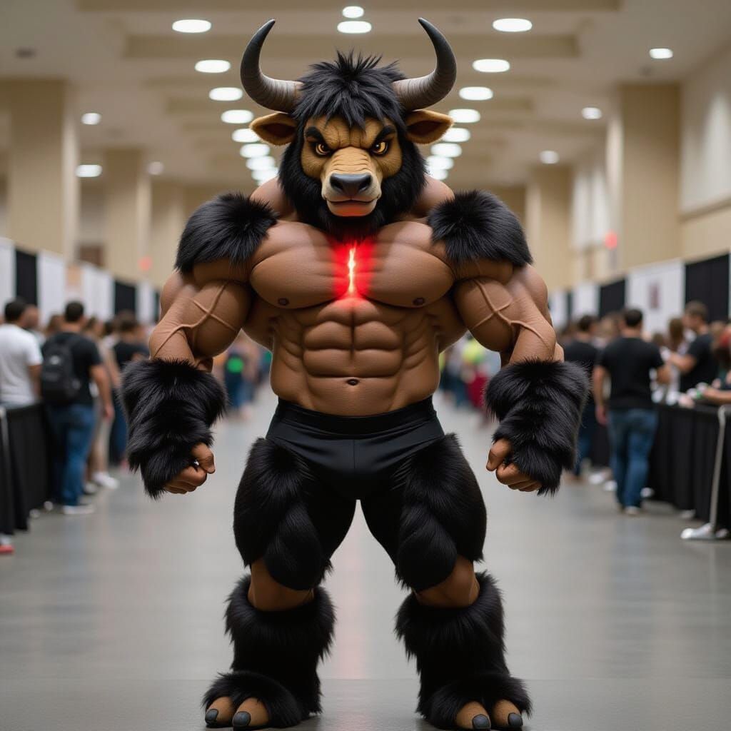 Muscular Minotaur Fursuit Bodybuilder at Convention