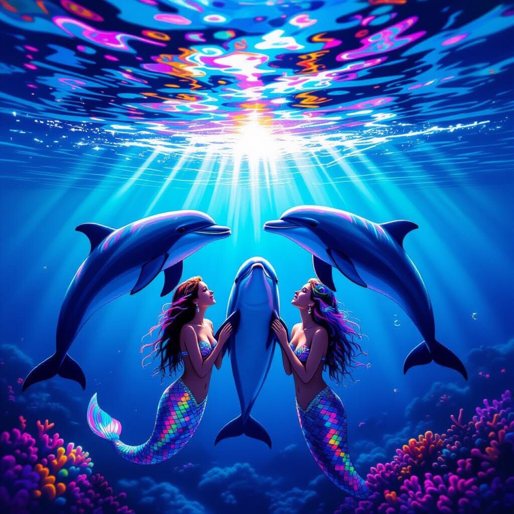 Psychedelic Dolphins Holding Mermaids in Neon Sea