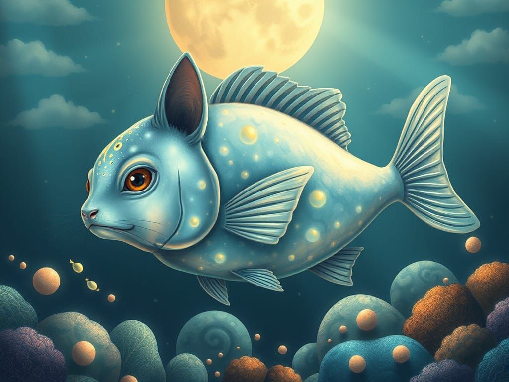 Whimsical Feline Fish Swims Under Full Moon