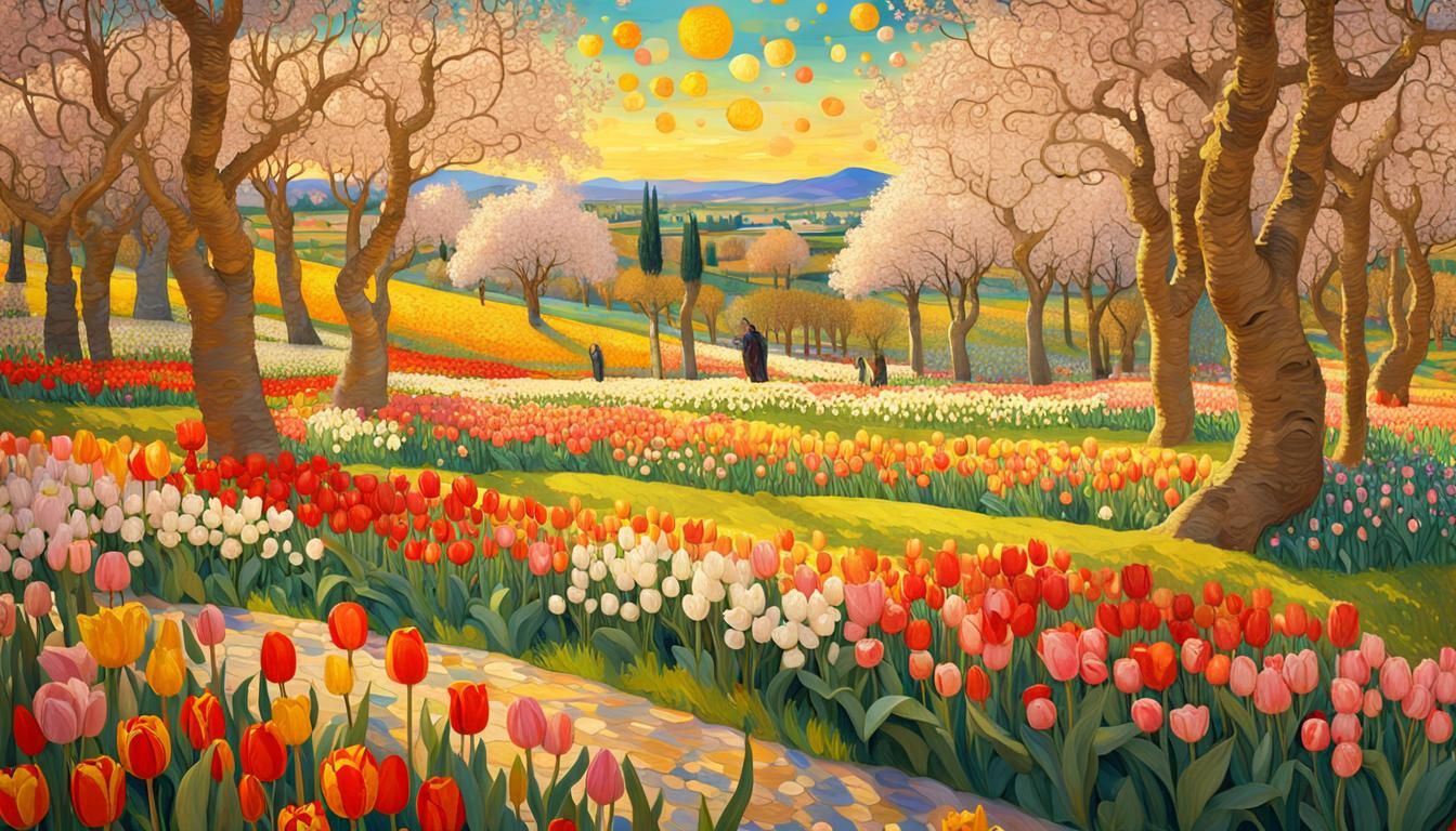 Spring Garden with Cherry Blossoms in Art Nouveau Style