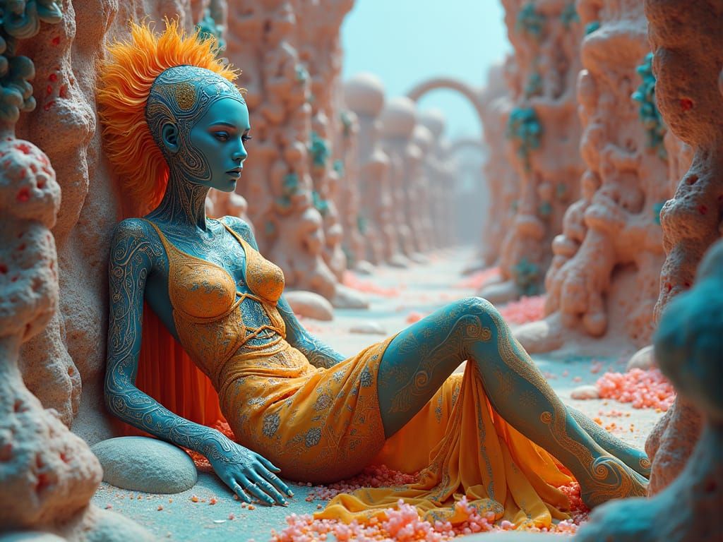 Ethereal Alien in Escher-Inspired Surreal World