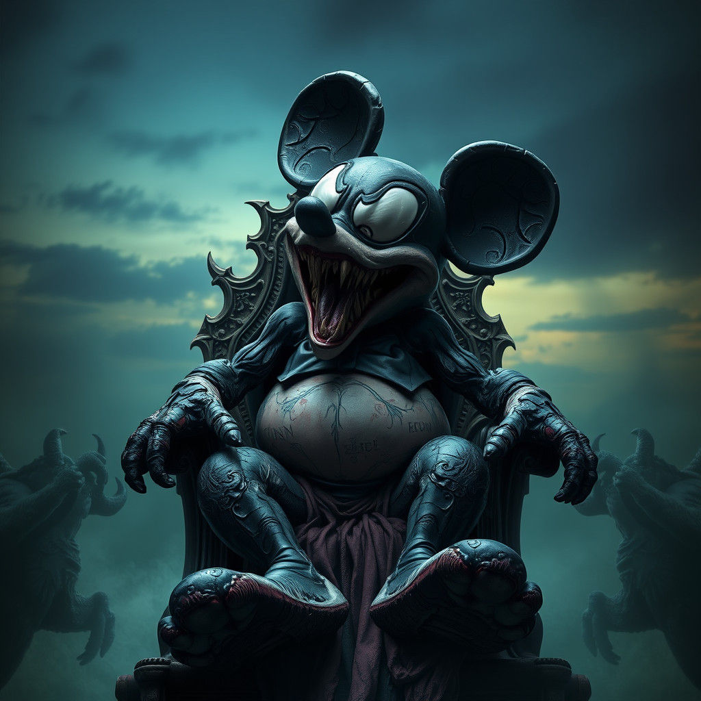 Grotesque Mickey Mouse and Venom Fusion on Throne