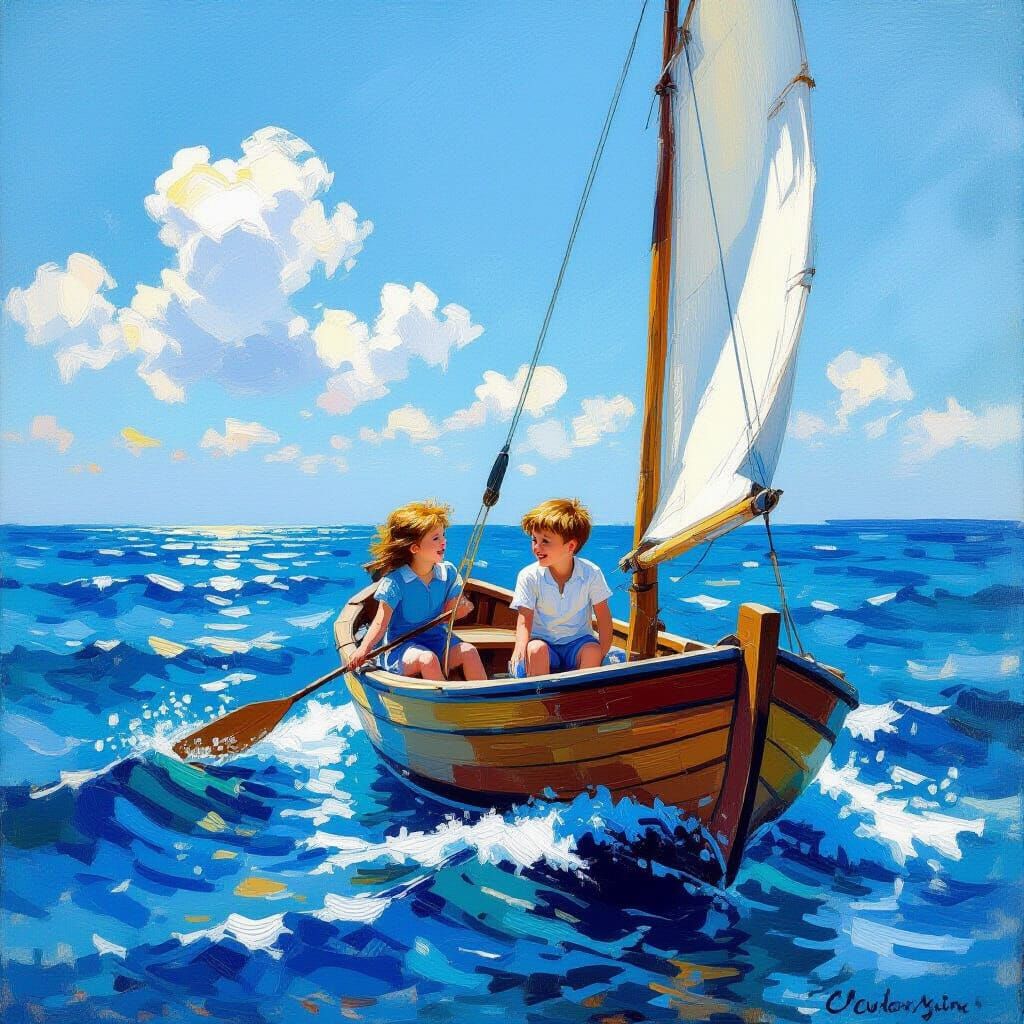 Children Sailing on a Bright Blue Sea in Impressionistic Sty...