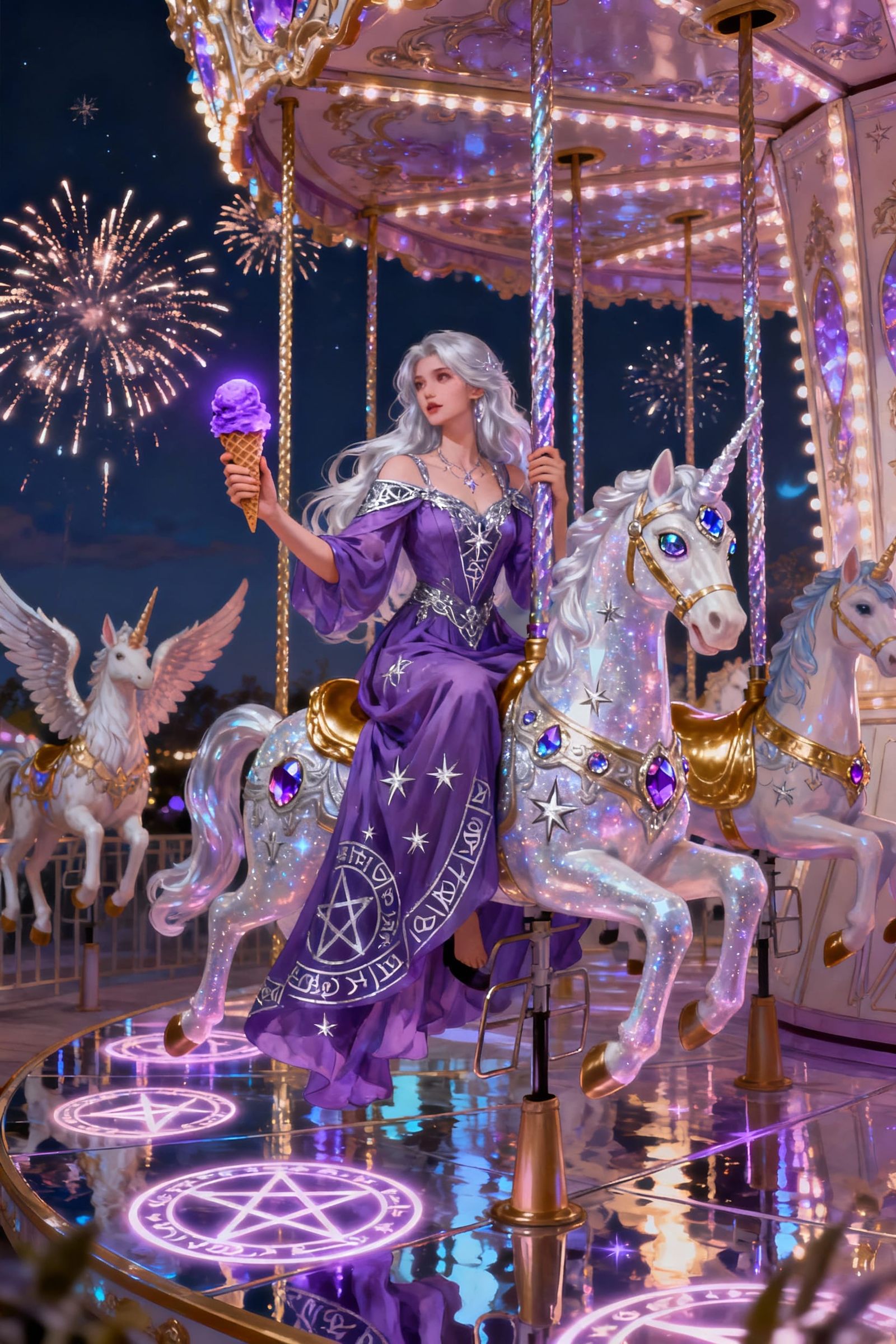 Sorceress on Sparkling Carousel Horse in Magical Carnival
