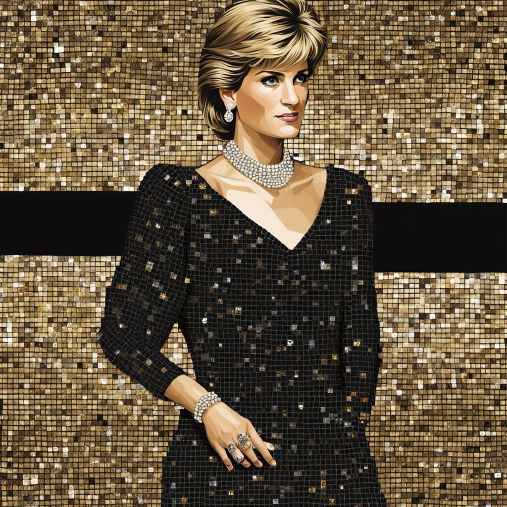 Princess Diana Mosaic Portrait in Black and Gold Gown