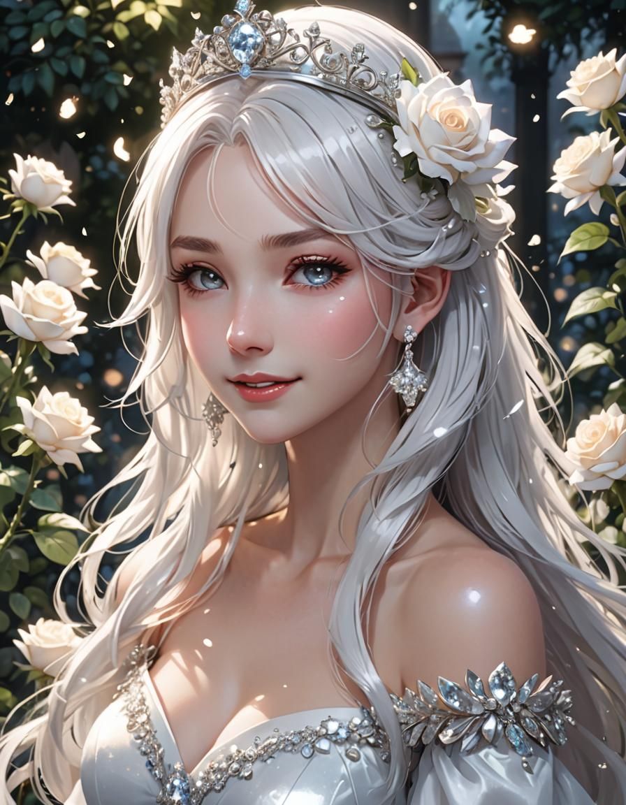 Anime Princess in White Roses Garden, Digital Art