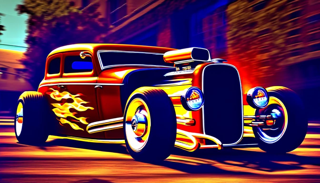 Fiery Lowrider Cruises Down Street in Vibrant Oil Painting