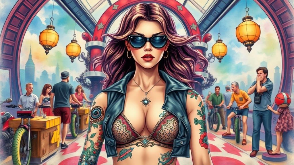 Surreal Biker Portrait in Watercolor Style