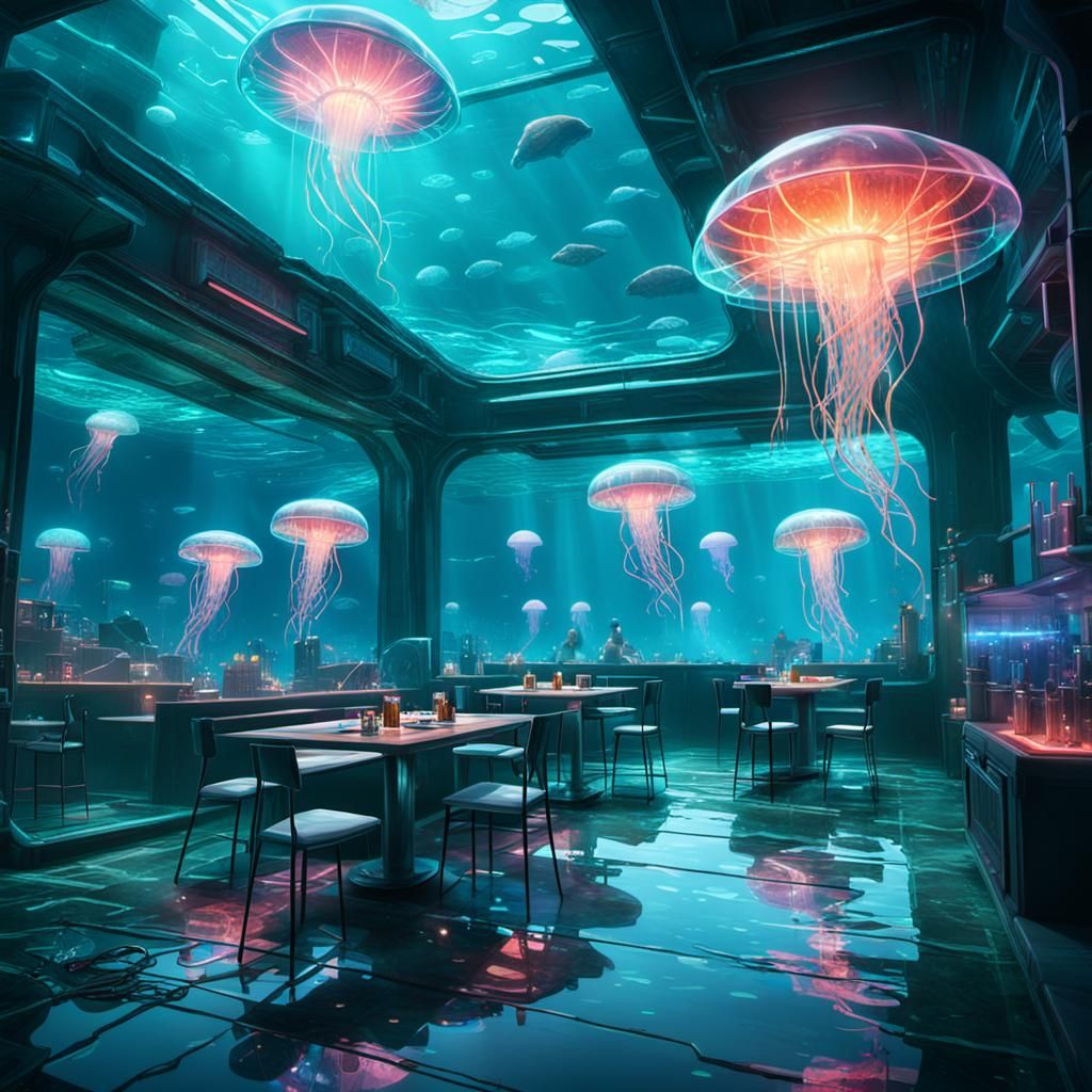Underwater Cyberpunk Cafe with Glowing Jellyfish