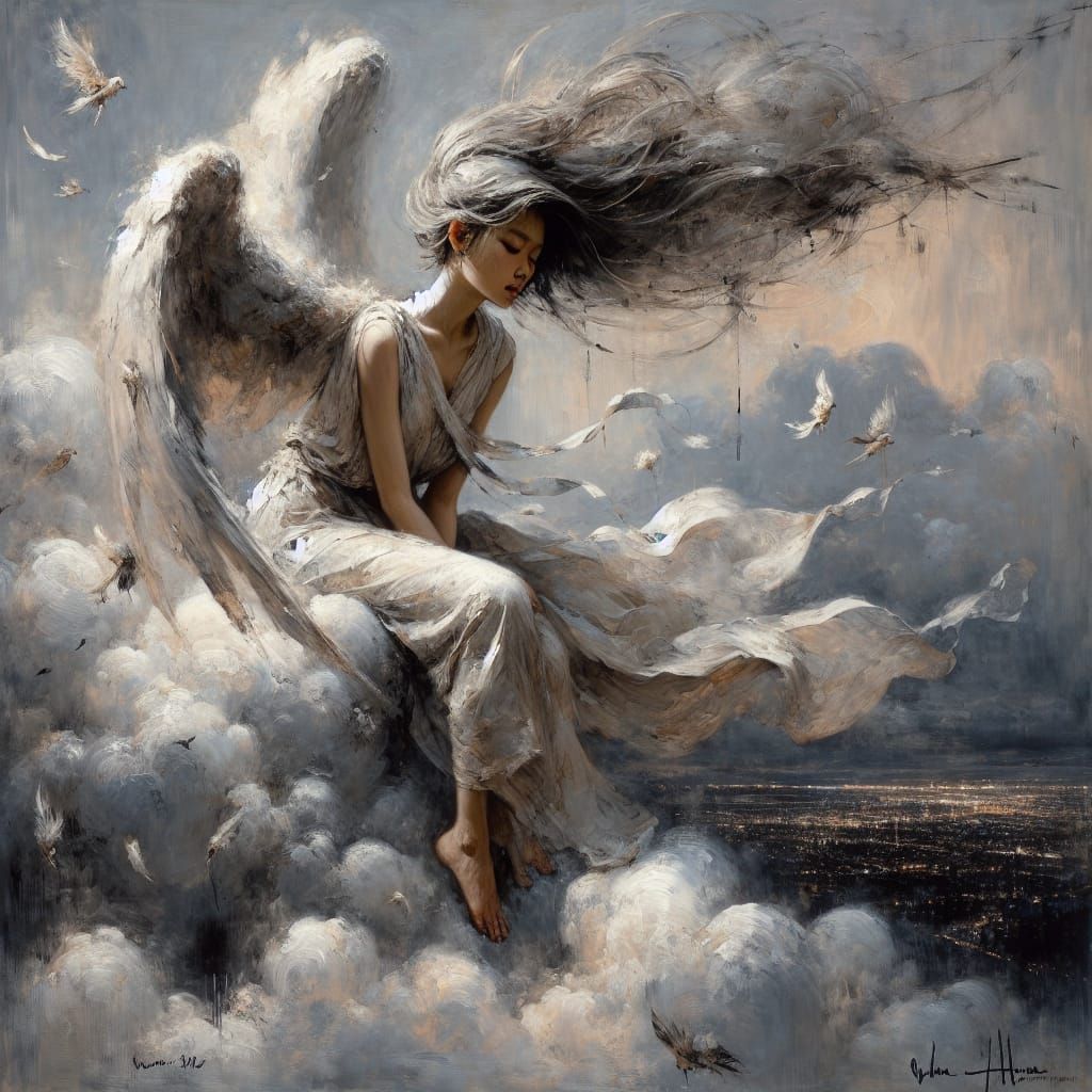 South Asian Angel Contemplates Cityscapes in Dreamlike Twili...