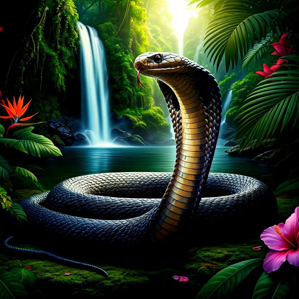 Realistic Cobra in Lush Jungle Waterfall Scene