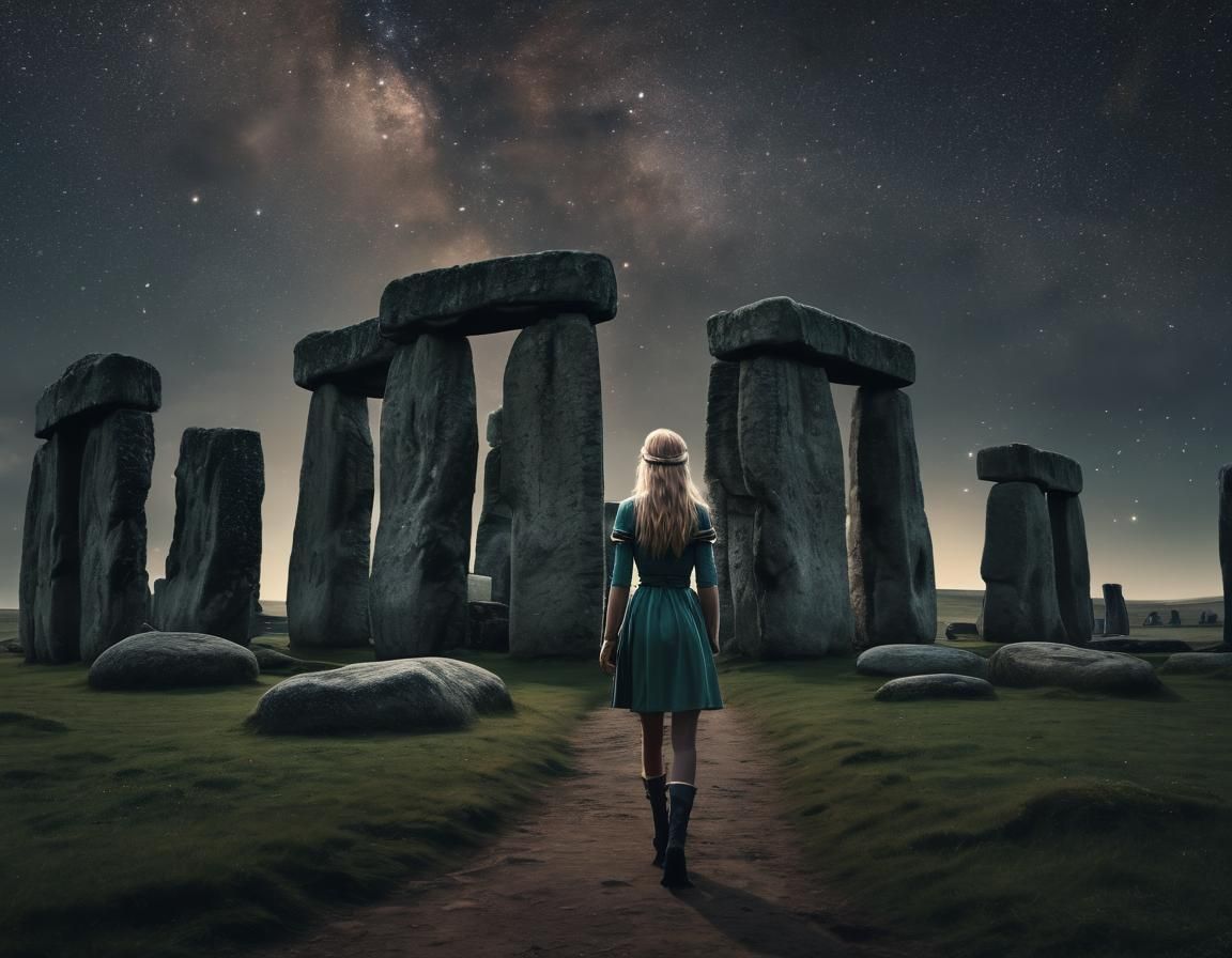 Elf Walks Stonehenge Under Starry Cosmos