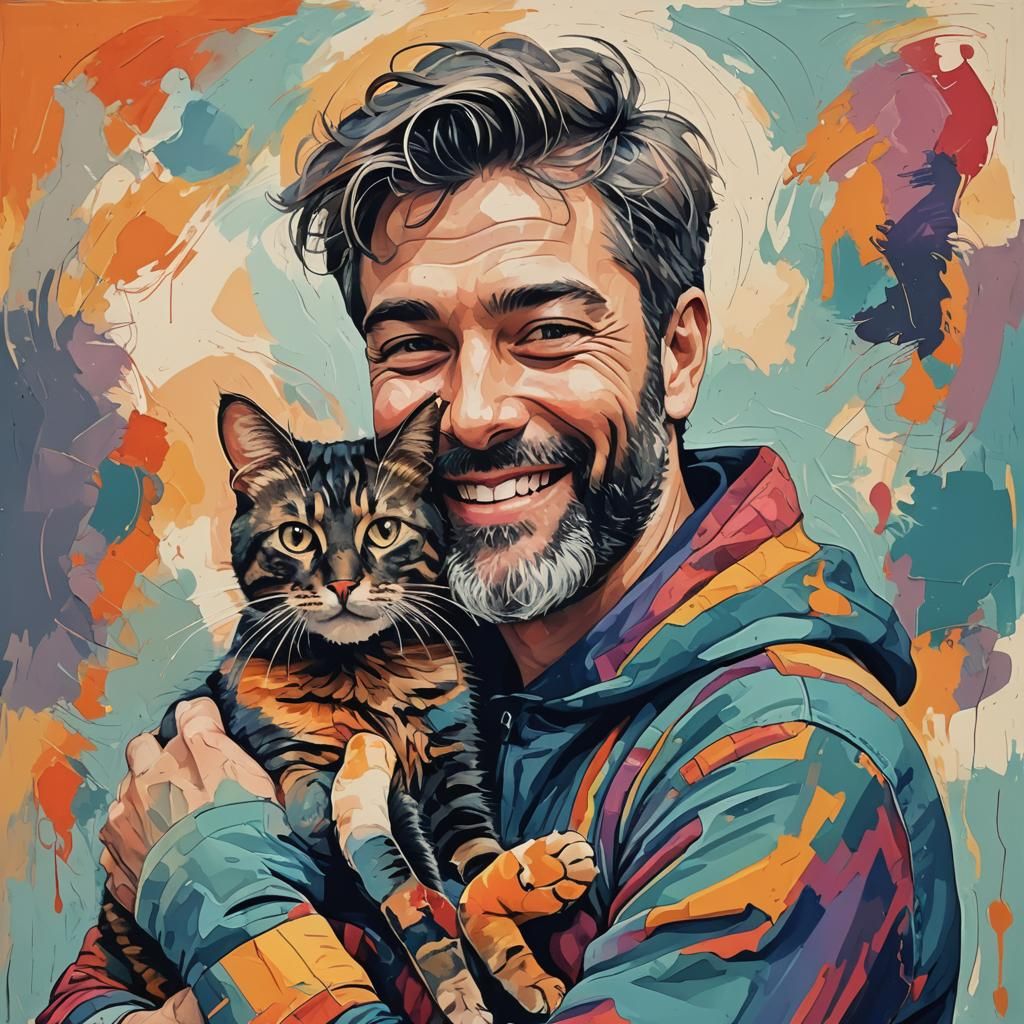 Abstract Art: Man Hugging Cat with Smile