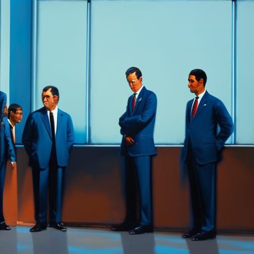 Icy Blue Suits in Somber Meeting