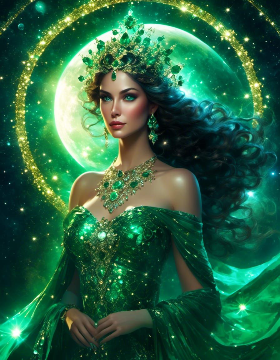 Goddess of Emeralds in Magnificent Gown on Astral Plane