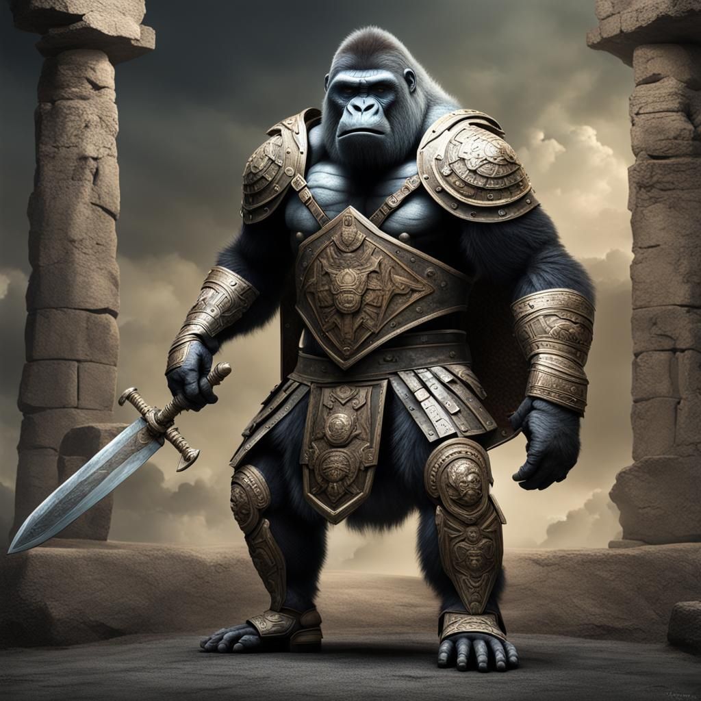 Gorilla Gladiator in Dystopian Fractal Landscape