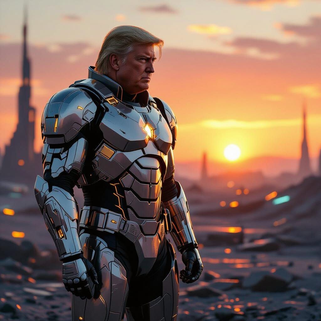 Trump in Sci-Fi Armor on Futuristic Battlefield at Sunset