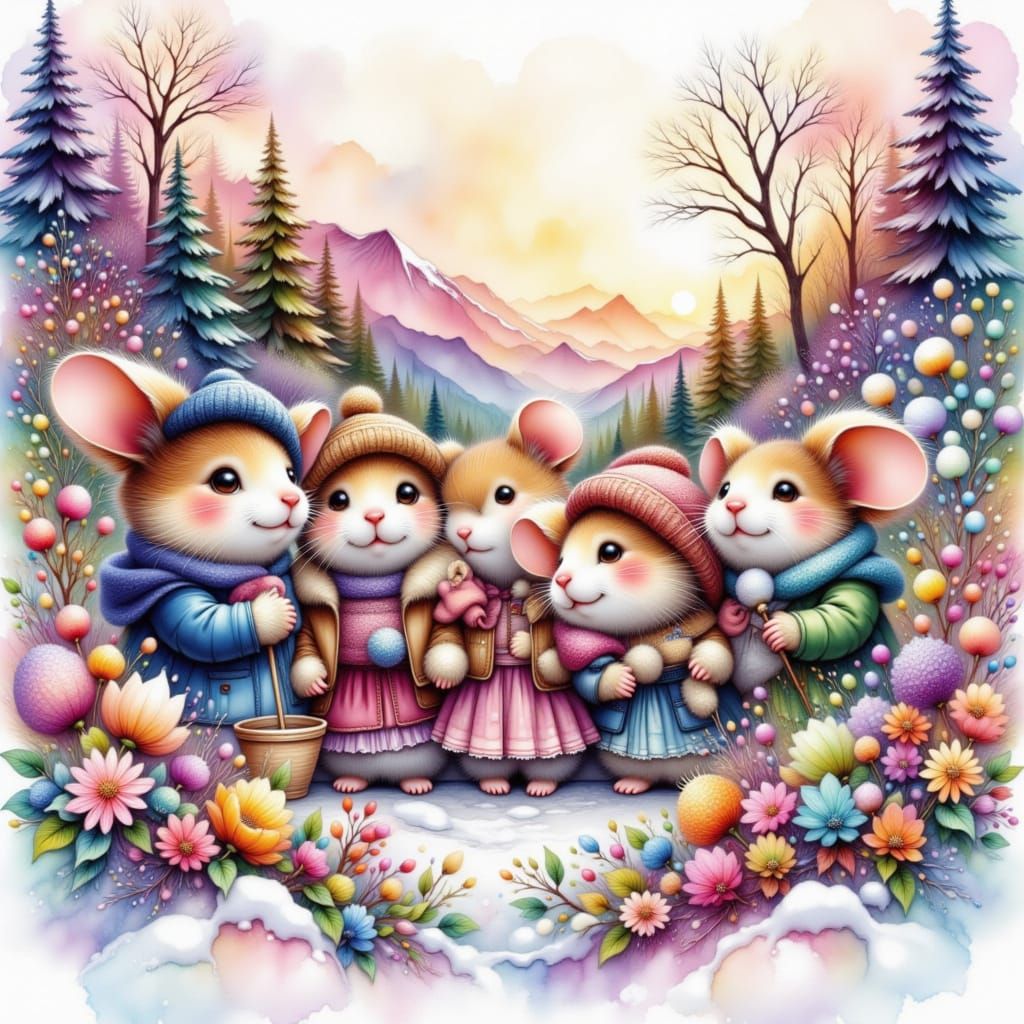 Ethereal Winter Village Scene With Musical Mouse Children