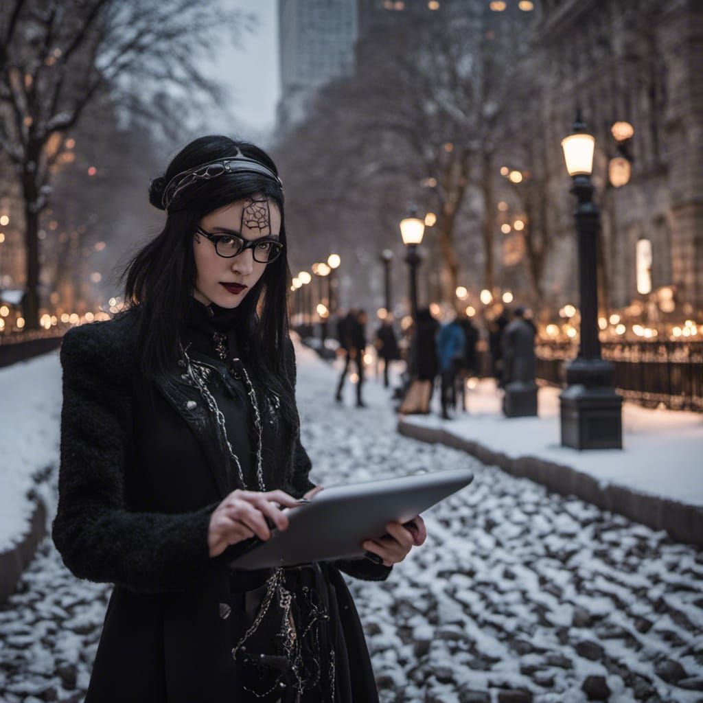 Goth Woman with Brain-Computer Interface in Snowy City