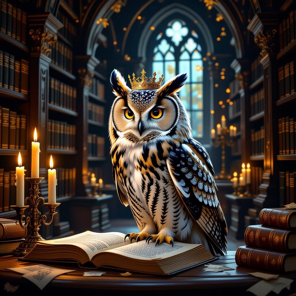 Regal Owl in Candlelit Library