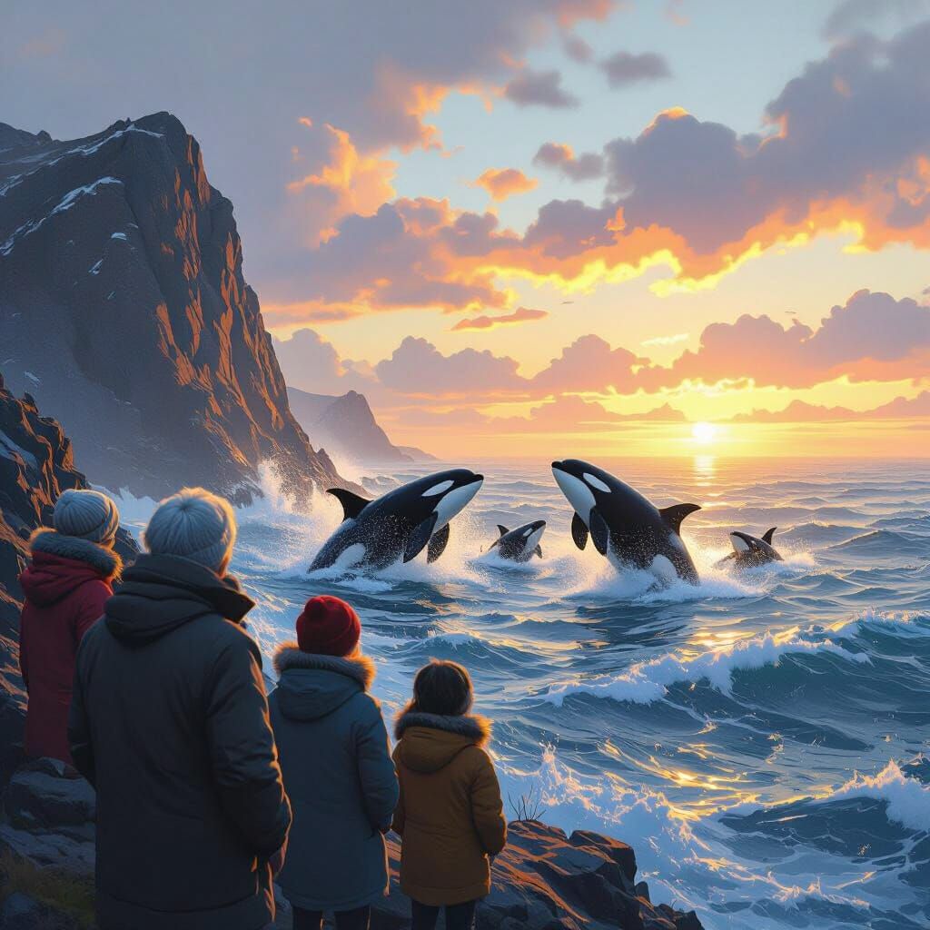 Orcas Play at Dawn: Cinematic Sci-Fi Art